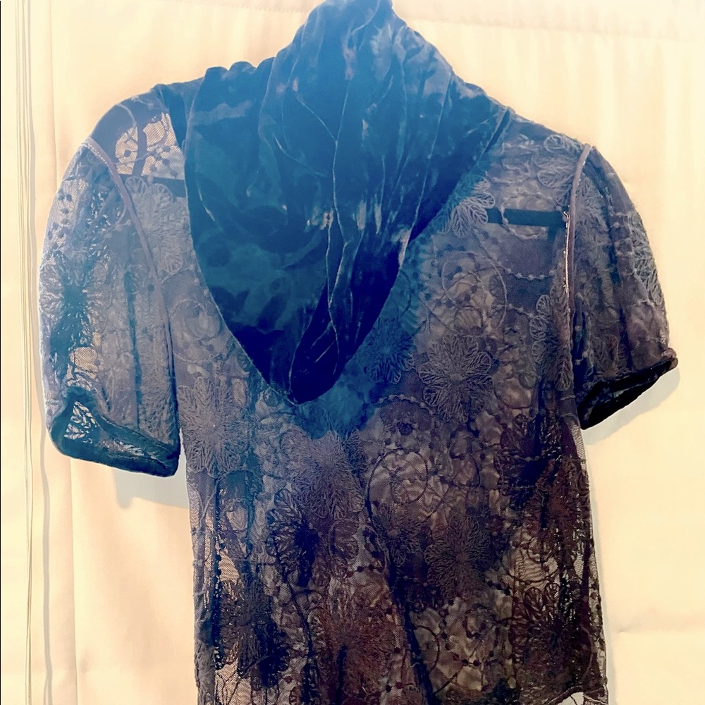 Gorgeous velvet cowel neck over crewel lace short sleeve blouse.